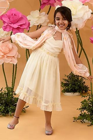 peach blush embroidered dress with cape for girls