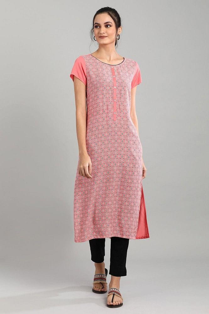 peach boat neck printed kurta