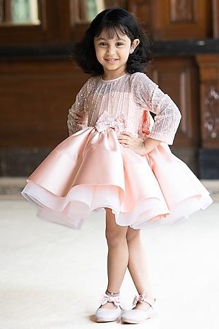 peach bridal satin & tulle hand embroidered flared dress for girls