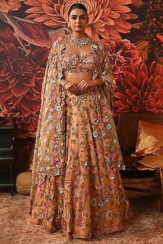 peach butterfly net printed & embroidered lehenga set