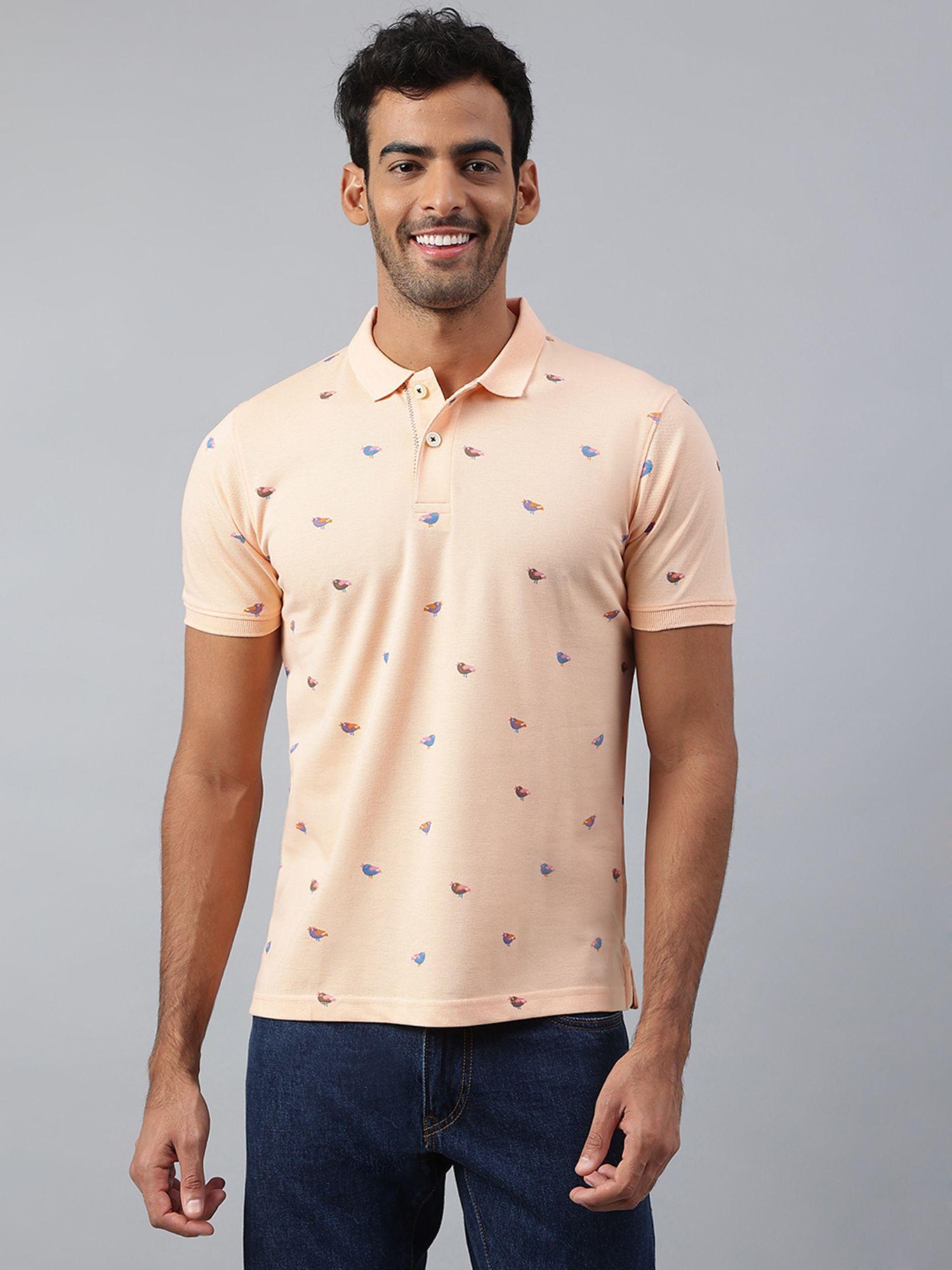 peach casual polycotton printed slim half sleeves collar neck t-shirt