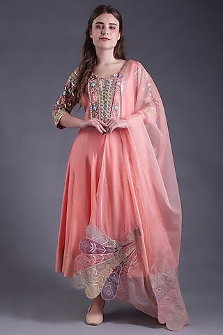 peach chanderi & organza machine embroidered anarkali set