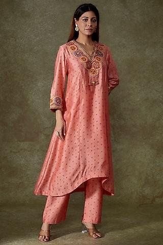 peach chanderi bandhani printed kurta set