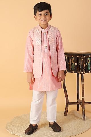 peach chanderi bundi jacket with kurta set for boys