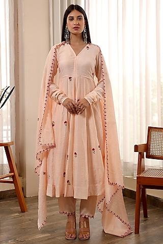 peach chanderi embroidered anarkali set