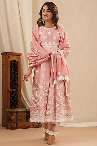 peach chanderi embroidered anarkali set