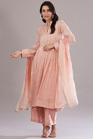 peach chanderi embroidered anarkali set