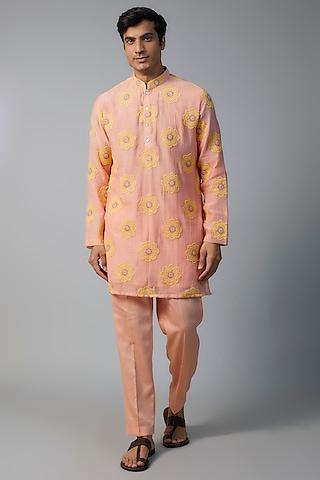 peach chanderi floral embroidered kurta set
