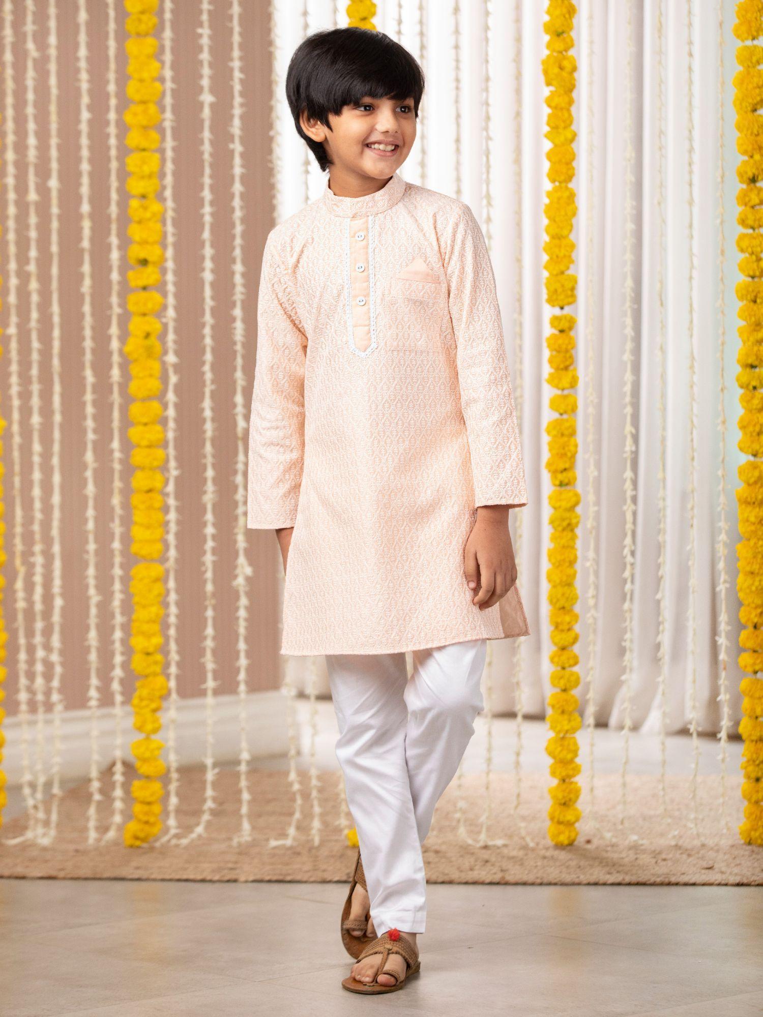 peach chanderi full sleeves kurta with pyjama (set of 2)