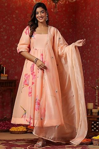 peach chanderi hand printed anarkali set