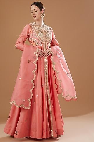 peach chanderi kalidar anarkali set