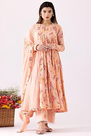 peach chanderi printed & hand embroidered anarkali set