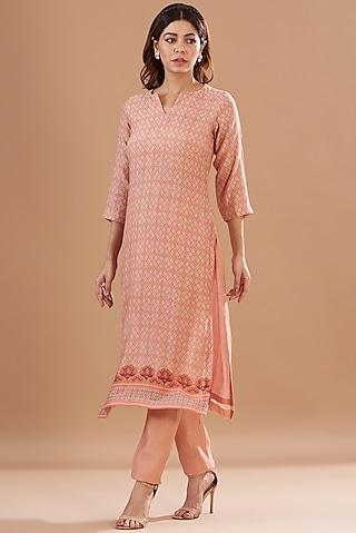 peach chanderi printed kurta set