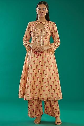 peach chanderi printed kurta set