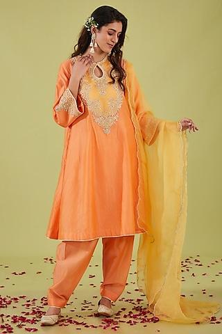 peach chanderi sequins embroidered short kalidar kurta set