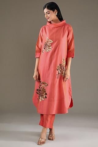 peach chanderi sequins hand embroidered tunic set