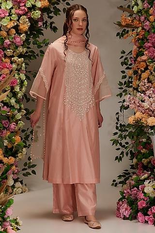 peach chanderi sequins work handcrafted kurta set