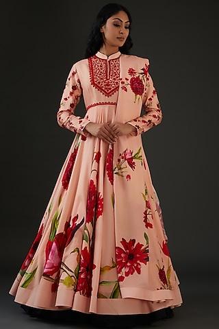 peach chanderi silk printed & embroidered anarkali set