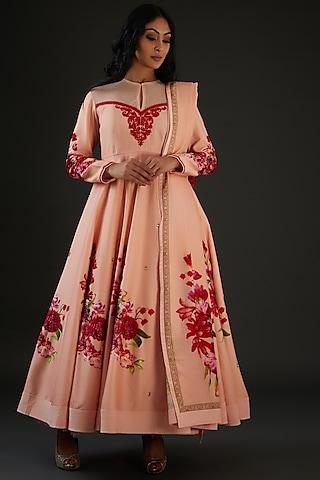 peach chanderi silk printed & embroidered anarkali set