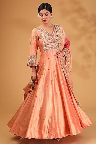 peach chanderi silk thread embroidered anarkali set