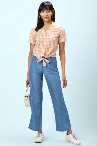 peach check casual half sleeves regular collar women regular fit top