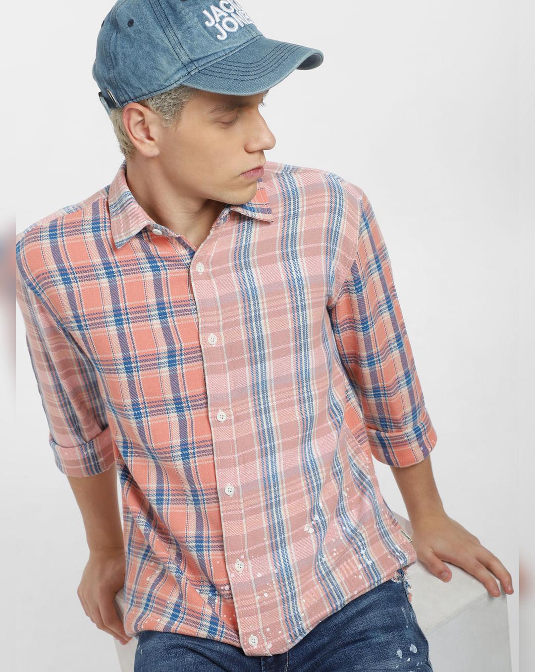 peach check print full sleeves shirt