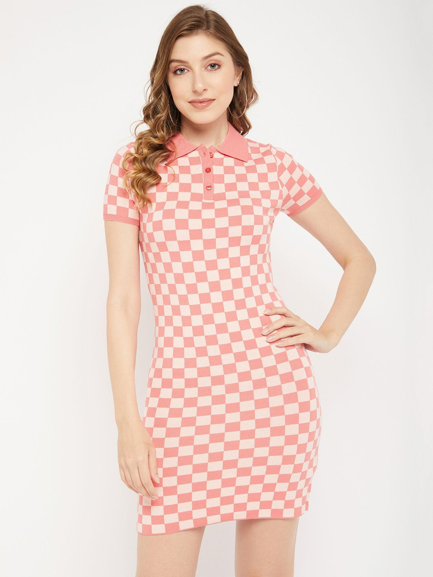 peach checks collar neck mini dress