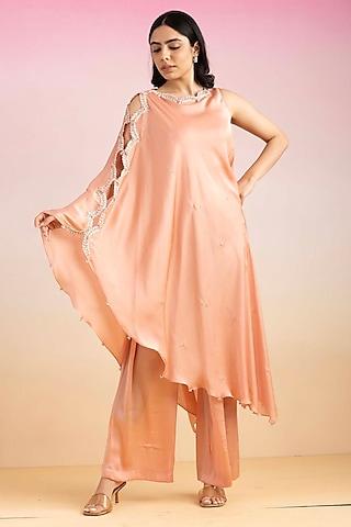 peach chiffon & lycra satin bead embroidered cape set