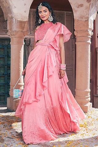 peach chiffon & satin organza draped saree set