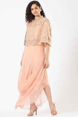 peach chiffon draped dress with cape