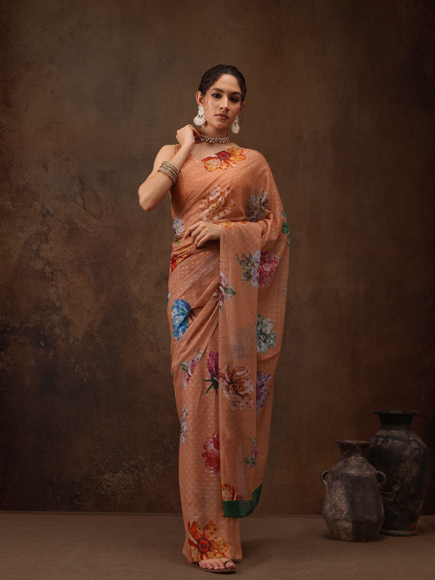 peach chiffon floral digital print floral saree with unstitched blouse