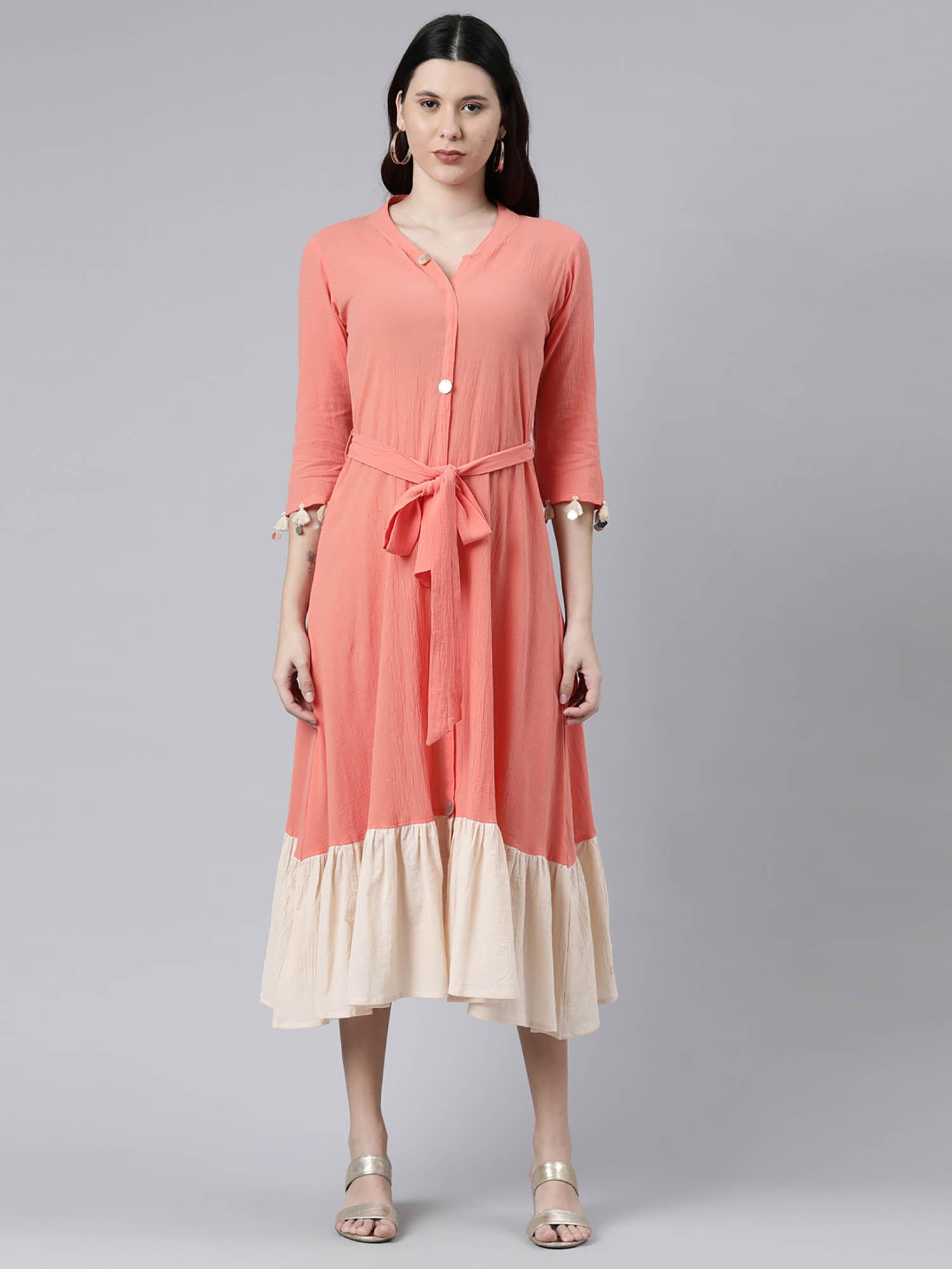 peach chiffon mandarin neck dress (set of 2)