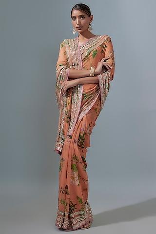 peach chiffon printed & sequins embroidered saree set