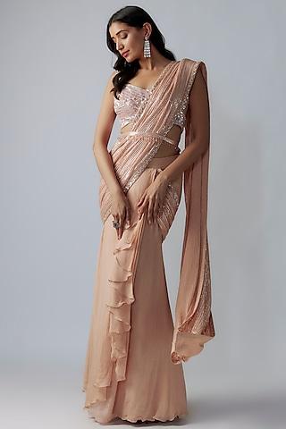 peach chiffon sequins & cutdana embroidered draped saree set