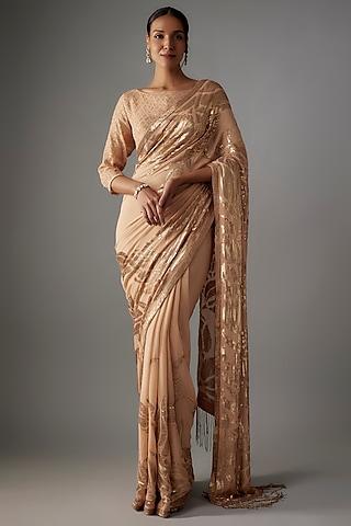 peach chiffon sequins embroidered saree set