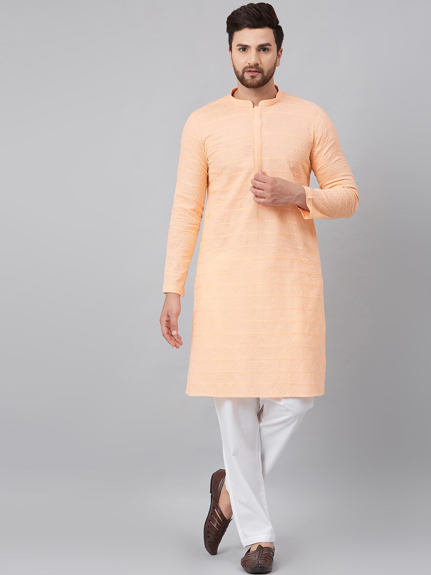 peach chikankari embroidered woven design straight kurta with pyjama (set of 2)