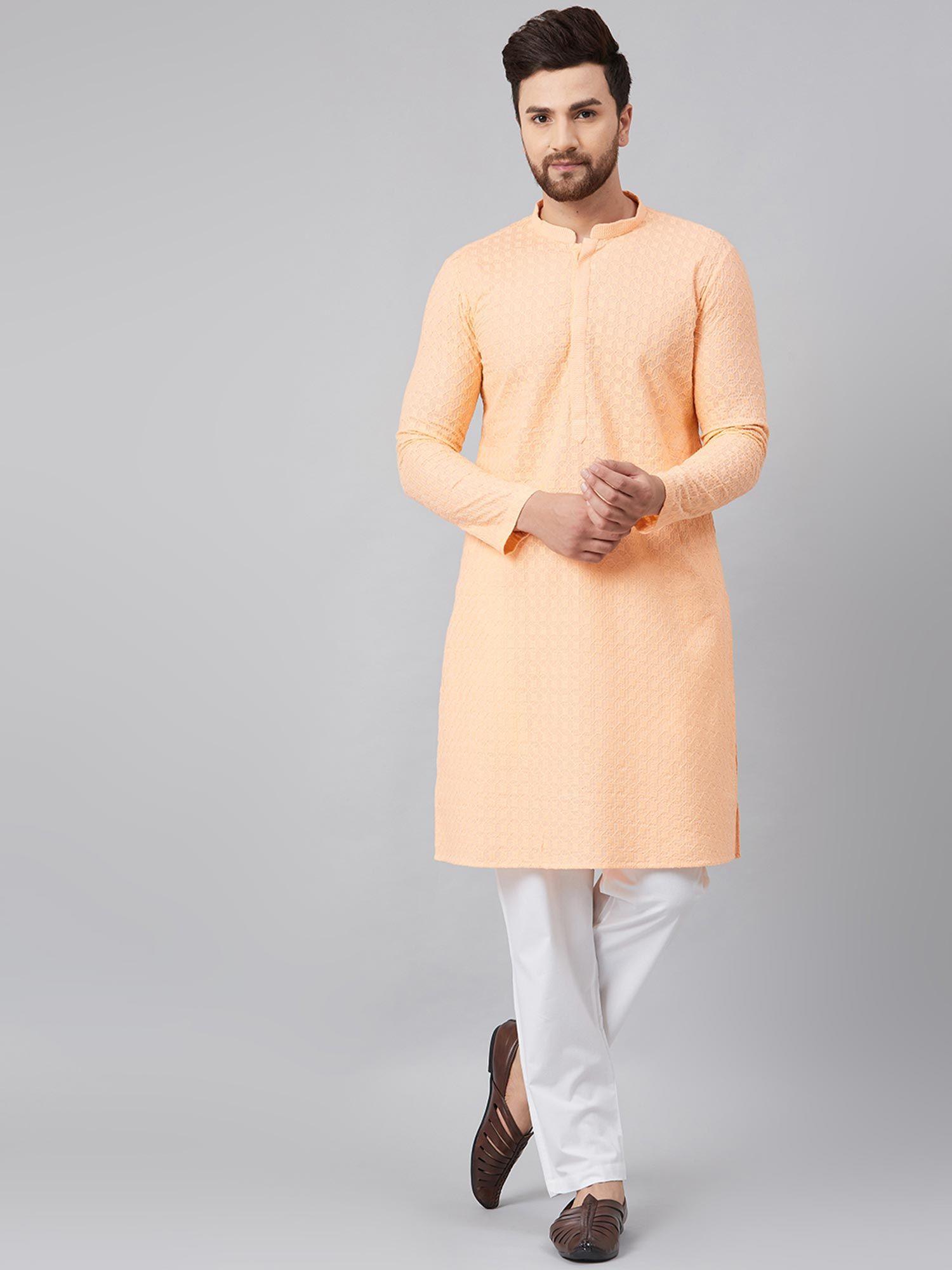 peach chikankari embroidered woven design straight kurta