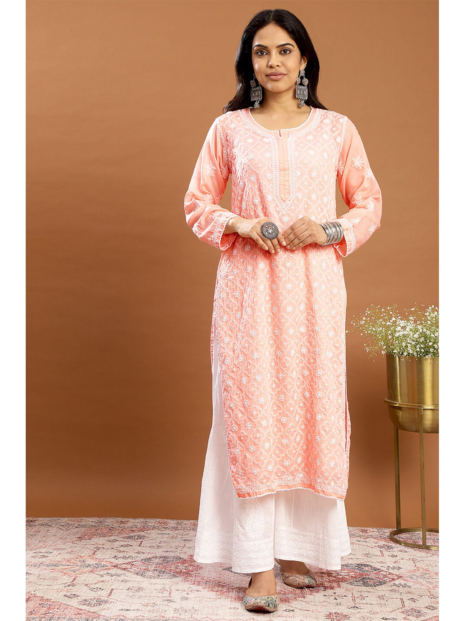 peach chikankari mul cotton designer kurta with slip (set of 2)