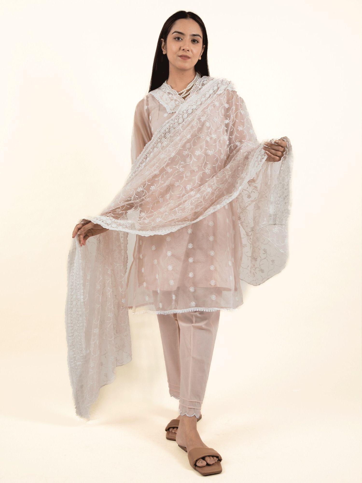 peach chikankari organza kurta matching pant and dupatta (set of 4)