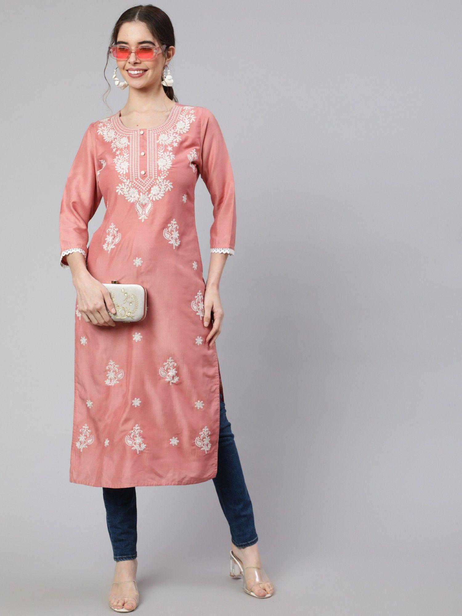 peach chikankari straight kurta