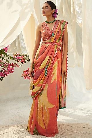 peach chinon chiffon printed pre-draped saree set