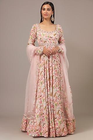 peach chinon printed & sequins embroidered anarkali set