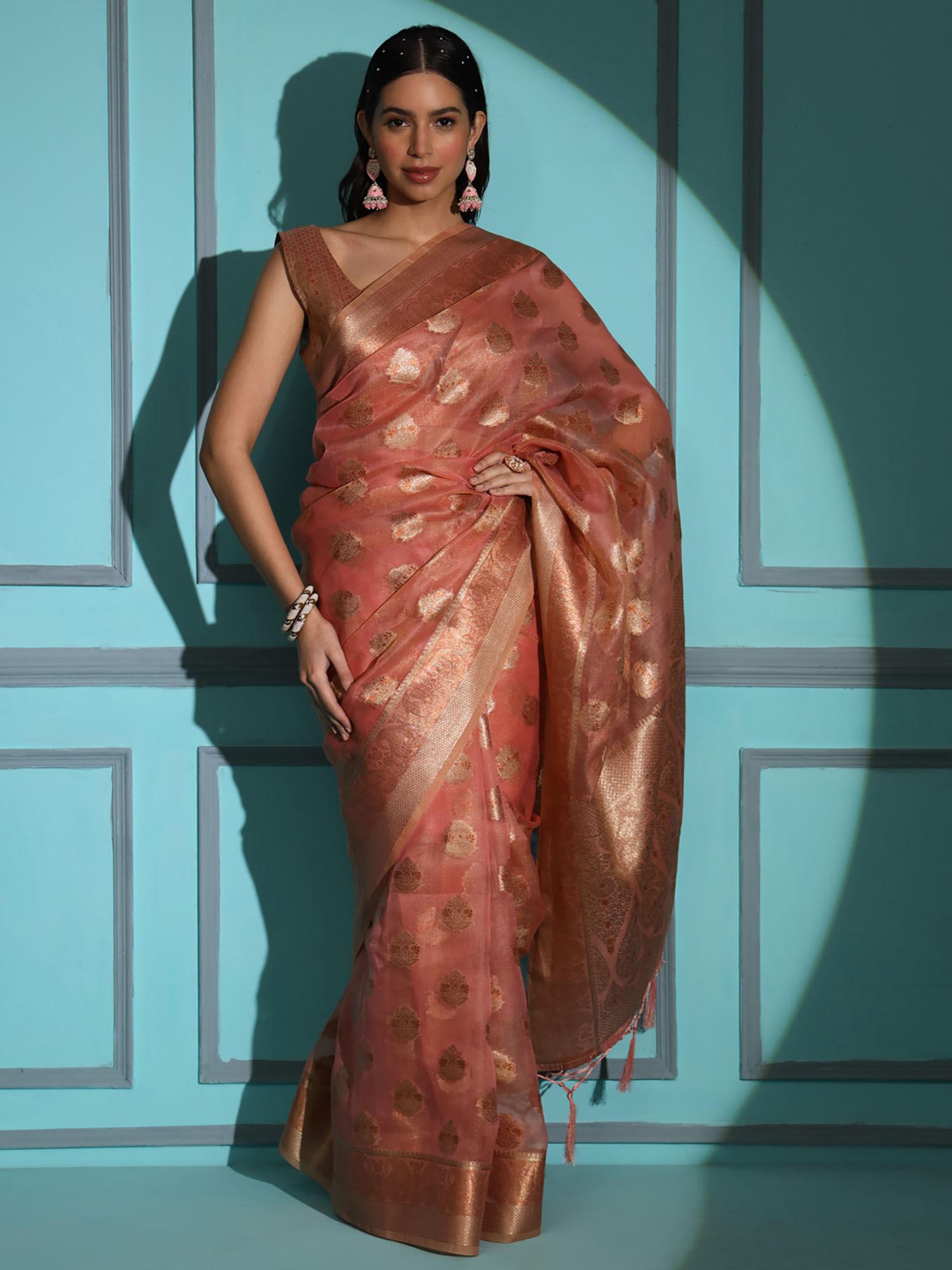 peach colored woven designer saree with unstitched blouse