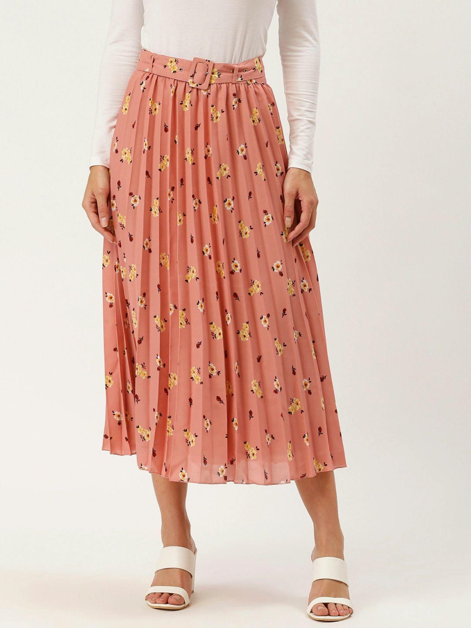 peach-coloured & yellow printed accordion pleated midi flared skirt