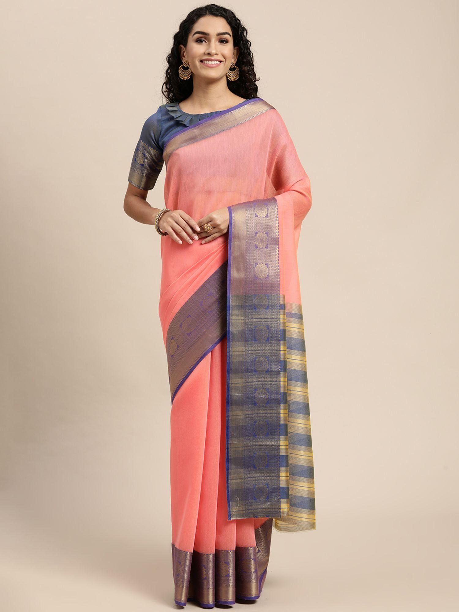 peach-coloured and blue borders cotton saree with unstitched blouse