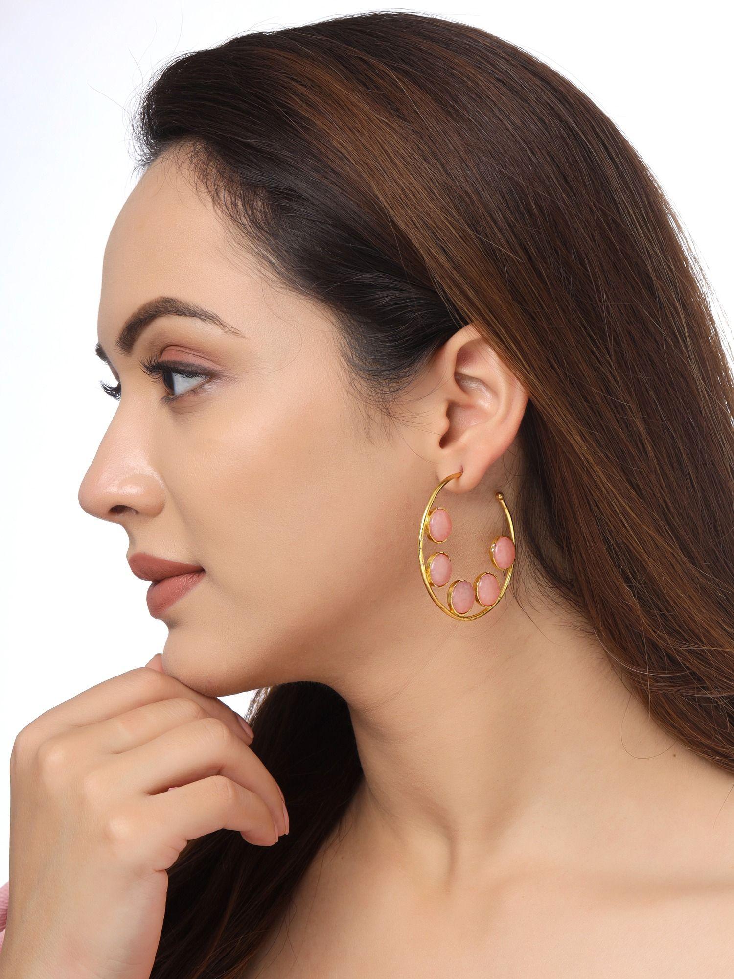 peach-coloured and gold plated stone studded hoop earrings