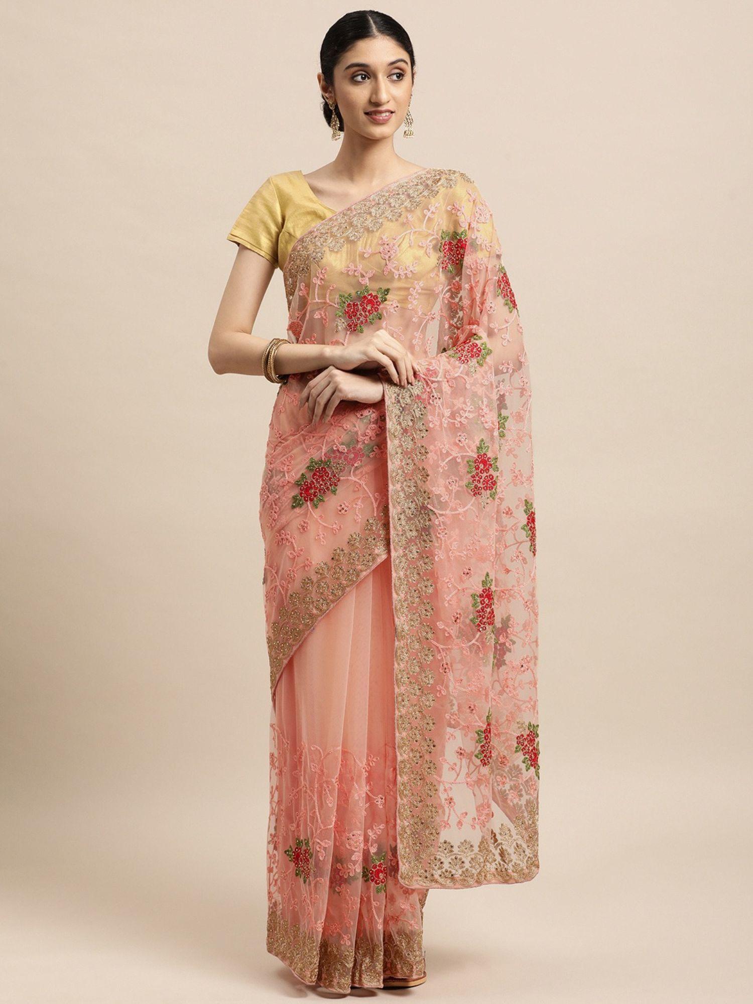 peach-coloured ethnic motifs net saree with unstitched blouse