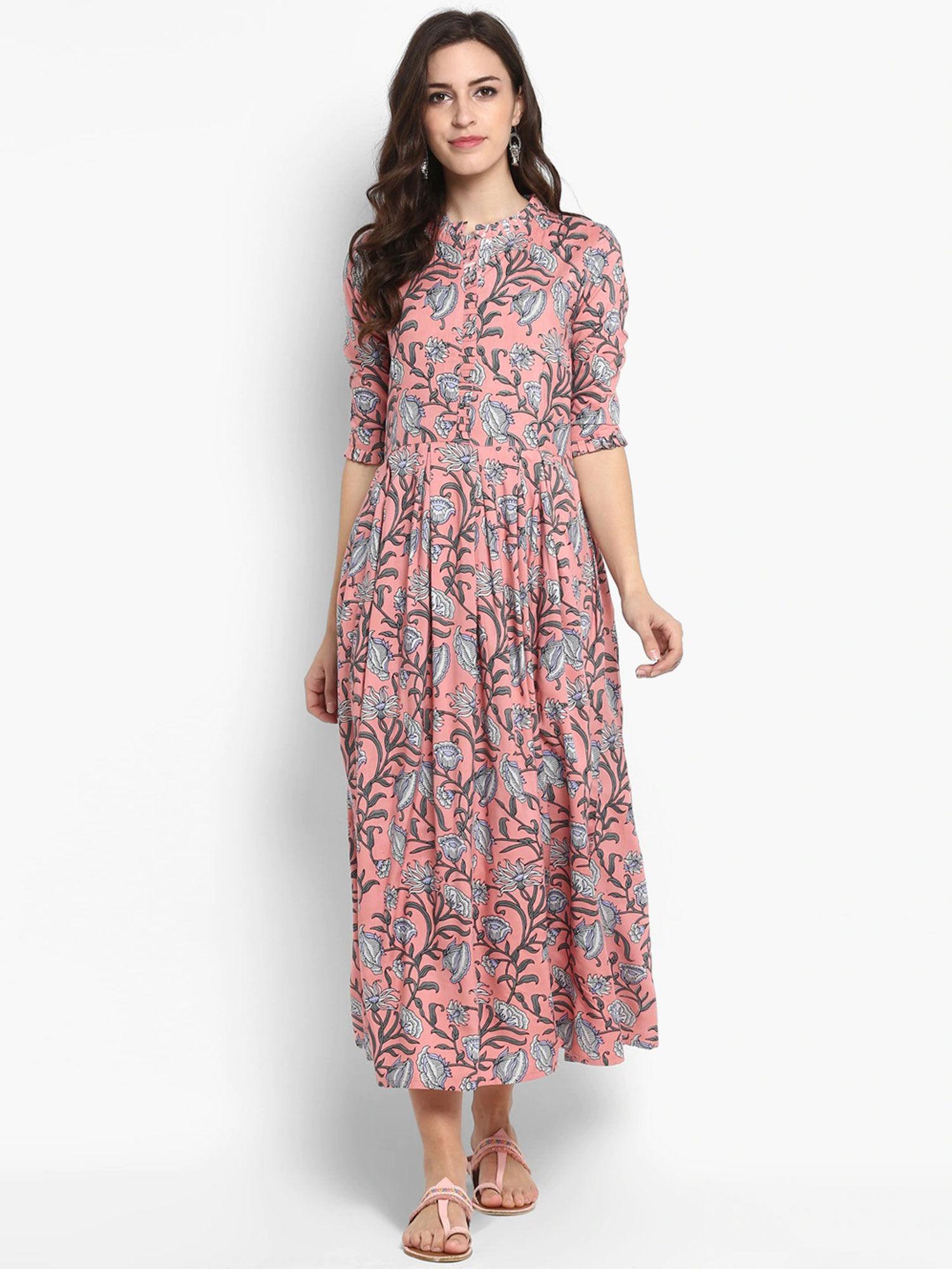 peach-coloured floral printed maxi dress