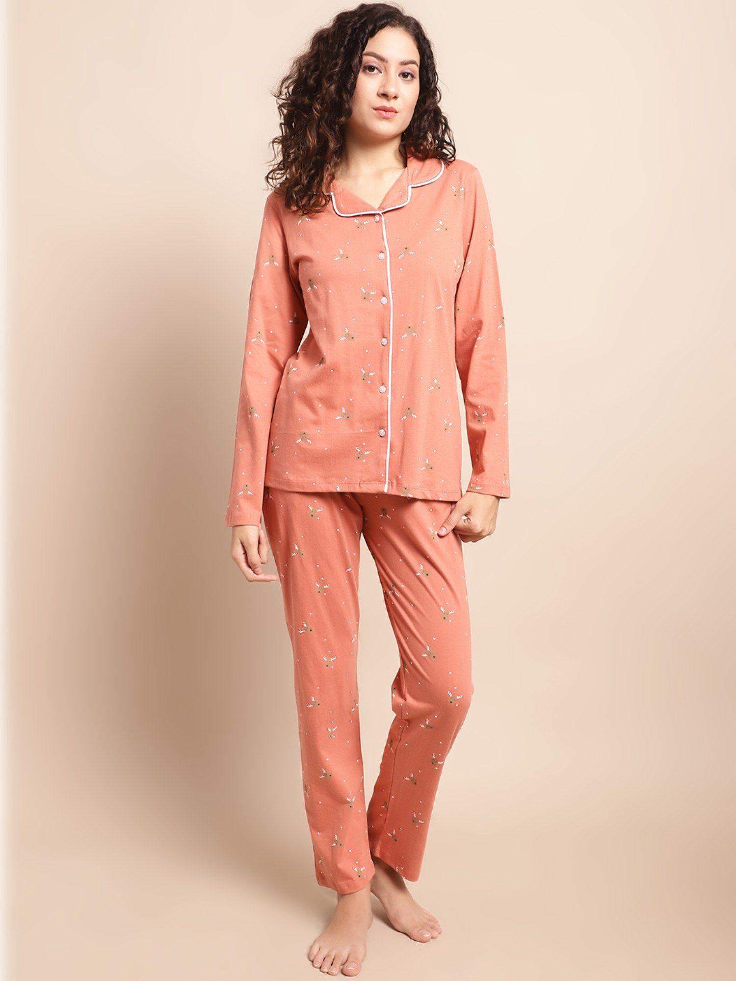 peach conversational printed pure cotton night suit (set of 2)