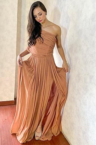 peach corset gown with drape